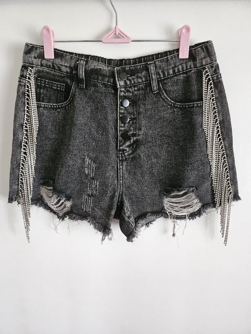 Savanna Jane Women's Small Black Denim jean Rippes Shorts Fringe Rhinestone